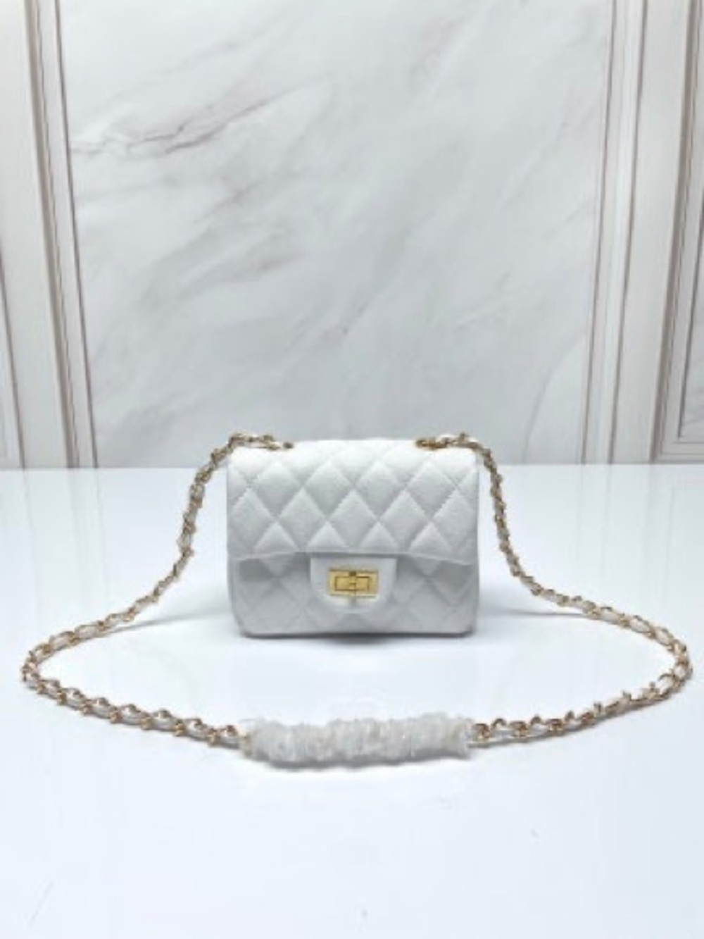 White Quilted Shoulder Bag with Gold Chain Strap